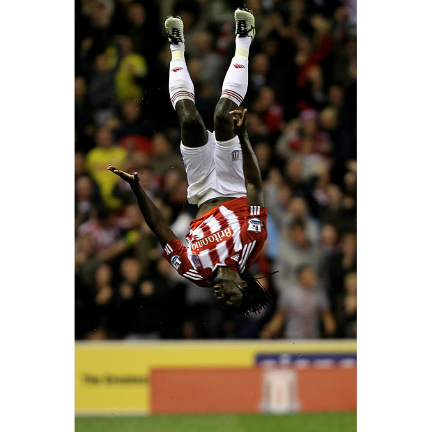 Kenwyne Jones of Stoke City celebrates scoring his team’s first goal during their Barclays Premier League match against Aston Villa at The Britannia Stadium in Stoke on Trent