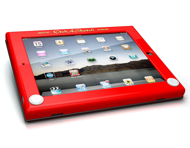 A wacky new case makes your iPad look like an Etch A Sketch. Hipsters can go nostalgic by slipping on the bright red cover which also acts as a high quality protective case. It was designed to help celebrate the drawing toy’s 50th anniversary. Sadly, the white dials do not allow you to draw and shaking the iPad will not clear the screen! The officially licensed $39.00 case from Headcase is available online here: http://www.getaheadcase.com/products.html