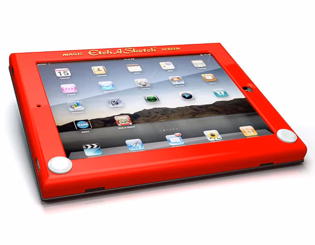 A wacky new case makes your iPad look like an Etch A Sketch. Hipsters can go nostalgic by slipping on the bright red cover which also acts as a high quality protective case. It was designed to help celebrate the drawing toy’s 50th anniversary. Sadly, the white dials do not allow you to draw and shaking the iPad will not clear the screen! The officially licensed $39.00 case from Headcase is available online here: http://www.getaheadcase.com/products.html
