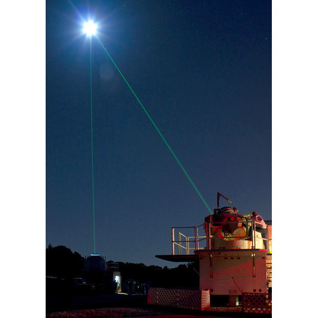 NASA’s Laser Ranging Facility fires two lasers at the moon from Goddard Space Flight Centre in Maryland, USA. Laser beams are used to track the Lunar Reconnaissance Orbiter around the moon. They are fired 28 times per second across nearly 250,000 miles at the LRO, which itself moves at nearly 3,600 miles per hour. By knowing the LRO’s precise location, scientists can ensure the accuracy of the moon maps the probe generates