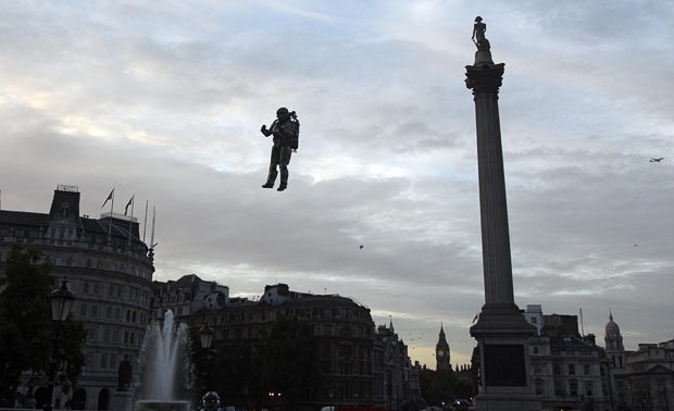 A man takes to the skies of London in Trafalgar Square with a jetpack to celebrate the launch of the game Halo: Reach