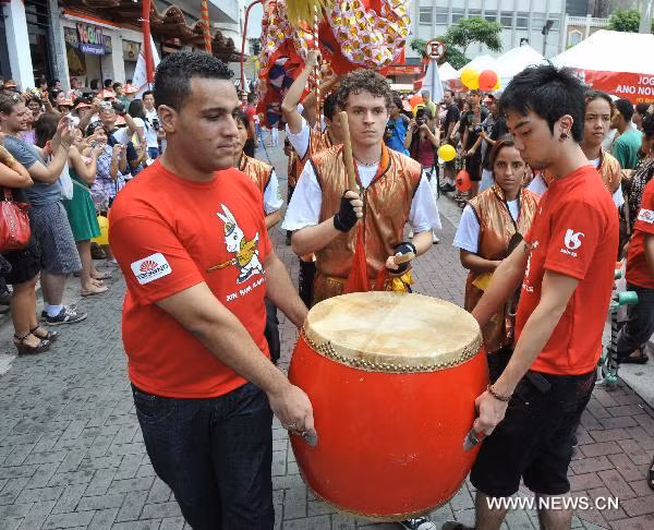 People perform the traditional Chinese drum in the plaza of Liberty in Sao Paulo, Brazil, Jan. 29, 2011