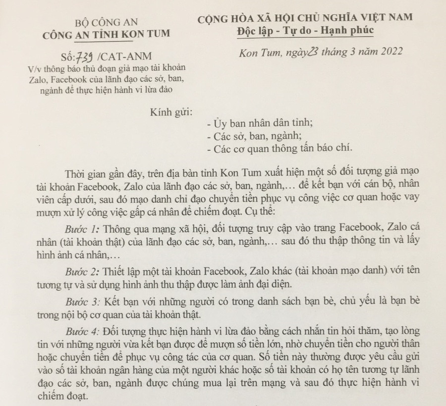 Công an tỉnh Kon Tum thông báo đến các cơ quan, ban ngành và người dân cảnh giác trước thủ đoạn lừa đảo mới.