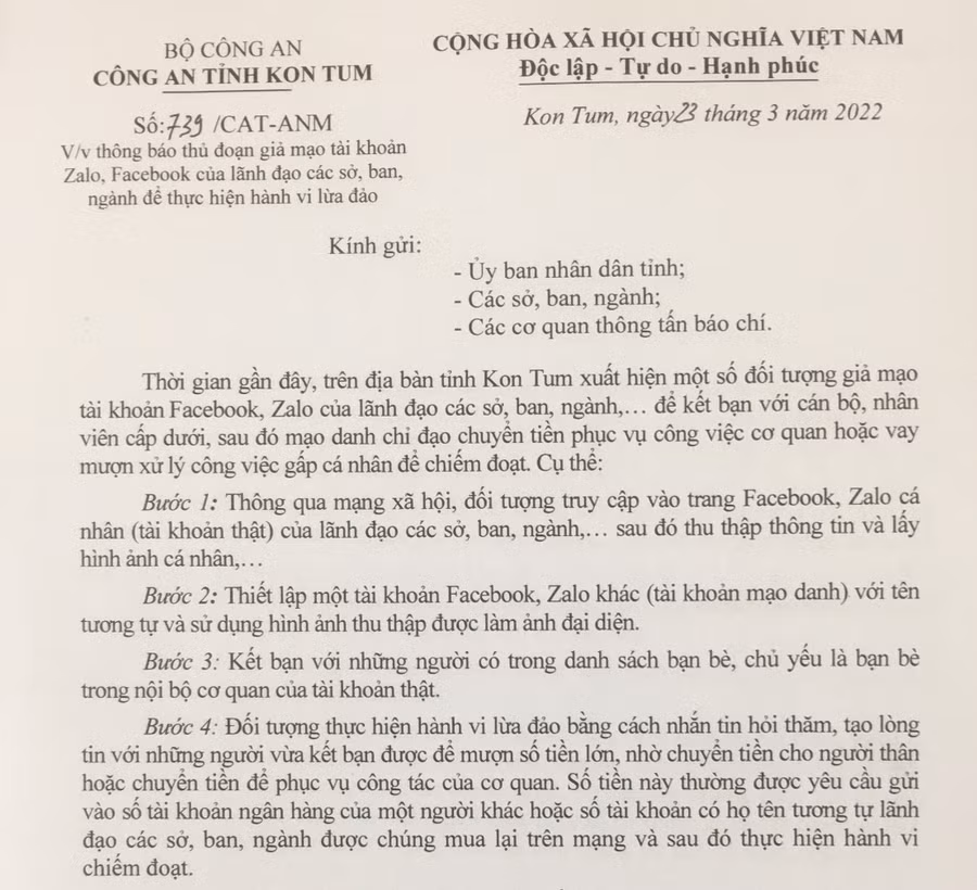 Công an tỉnh Kon Tum thông báo đến các cơ quan, ban ngành và người dân cảnh giác trước thủ đoạn lừa đảo mới.