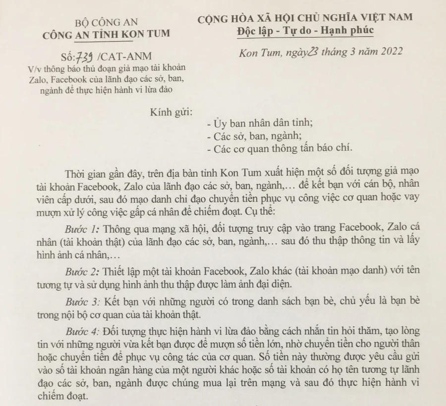 Công an tỉnh Kon Tum thông báo đến các cơ quan, ban ngành và người dân cảnh giác trước thủ đoạn lừa đảo mới.