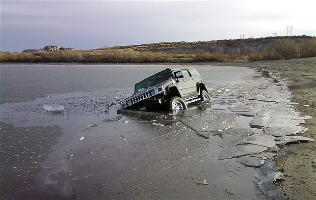 A stranded Hummer was found partially submerged in Moses Lake, Washington by Washington Department of Fish and Wildlife (WDFW) officers. A Sergeant Erhardt spotted a vehicle partially submerged after breaking through six inches of ice. It had been abandoned with the keys in the ignition. The vehicle had been stolen and used as a getway car from a burglary.