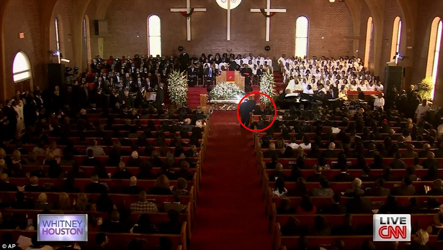 Whitney Houston’s mother Cissy and daughter Bobbi Kristina sat in the front pew at today’s funeral (in red circle) Read more: http://www.dailymail.co.uk/news/article-2102985/Whitney-Houston-Funeral-A-galaxy-stars-gather-New-Jersey-say-goodbye-pop-legend.html#ixzz1mnD8HX00