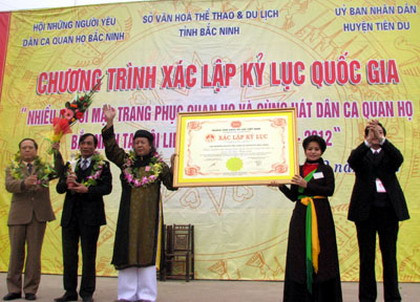 Ông Nguyễn Hữu Oanh, Phó Chủ tịch Hội đồng xác lập kỷ lục Quốc gia Việt Nam đã trao bằng xác lập kỷ lục quốc gia “Nhiều người mặc trang phục quan họ và cùng hát dân ca quan họ Bắc Ninh nhất” cho đại diện Sở Văn hóa-Thể thao và Du lịch tỉnh Bắc Ninh, Ủy ban Nhân dân huyện Tiên Du và Hội Những người yêu dân ca quan họ Bắc Ninh. Ông Nguyễn Hữu Oanh, Phó Chủ tịch Hội đồng xác lập kỷ lục Quốc gia Việt Nam đã trao bằng xác lập kỷ lục quốc gia “Nhiều người mặc trang phục quan họ và cùng hát dân ca quan họ Bắc Ninh nhất” cho đại diện Sở Văn hóa-Thể thao và Du lịch tỉnh Bắc Ninh, Ủy ban Nhân dân huyện Tiên Du và Hội Những người yêu dân ca quan họ Bắc Ninh.