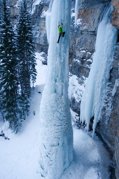 Sam Elias climbs on the Fang, a 100-feet high ice pillar in Vail in Fairplay, Colorado