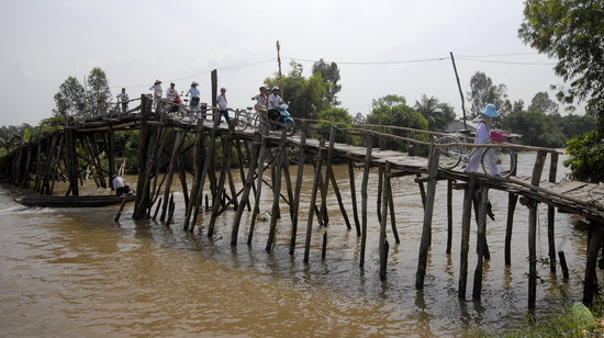 Học sinh đến trường phải qua các cây cầu ván cũ kỷ và mục nát để đến trường…