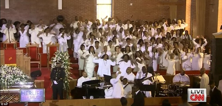 Traditional home-going service: The New Hope Mass Choir and the New Jersey Mass Choir, all in white, sand and rejoiced inside the New Hope Baptist Church as guests arrived Read more: http://www.dailymail.co.uk/news/article-2102985/Whitney-Houston-Funeral-A-galaxy-stars-gather-New-Jersey-say-goodbye-pop-legend.html#ixzz1mnE7a02P