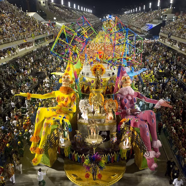 Revellers from Grande Rio samba school perform during the second night of Carnival parade at the Sambadrome in Rio de Janeiro