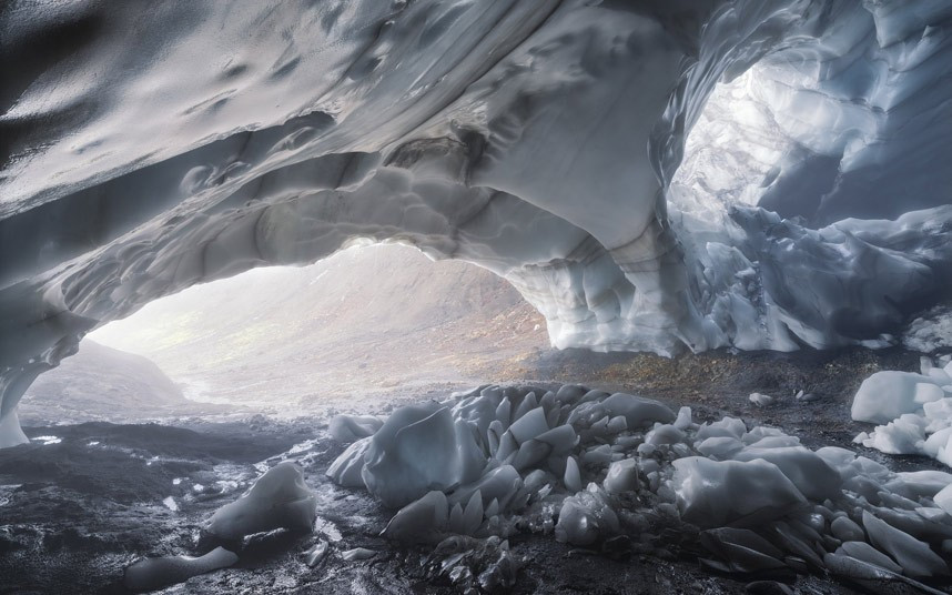 Inside a glacier in Iceland photographed by Swedish photographer Hans Strand