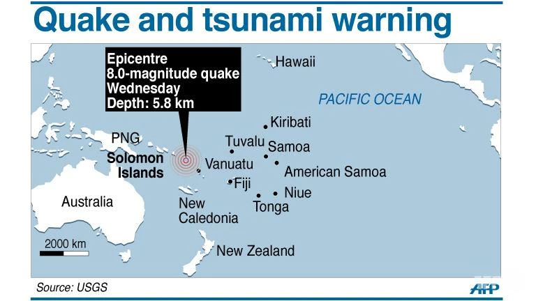 Động đất 8 độ gây sóng thần ở Solomon, nhiều làng mạc bị san phẳng