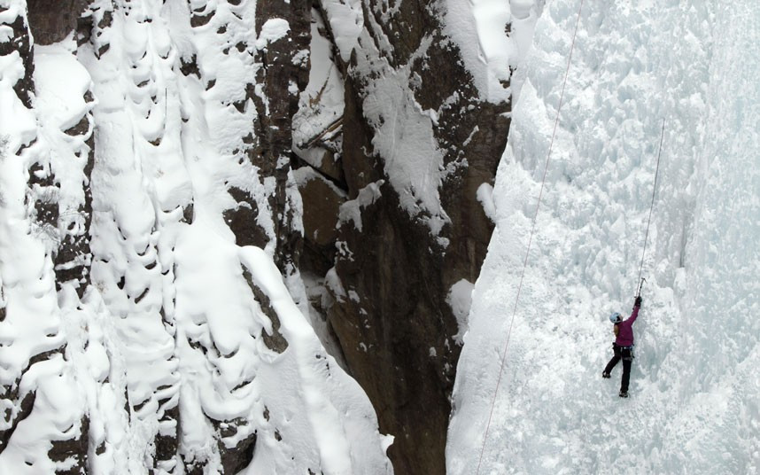 An ice climber ascends a route in the Ouray Ice Park in Colorado. The ice climbing capital of the United States features the world’s first ice climbing park created by a sprinkler system above Uncompahgre Gorge that forms waterfalls from 80 to 200 feet high.