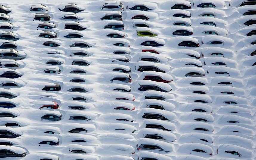 Cars are buried in snow near Hamden, Connecticut, USA