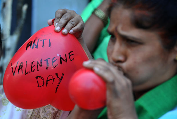 But it seems not everyone loves Valentine’s Day. Members of India’s right-wing Bharatiya Janatha Party blow up heart-shaped balloons during a protest to denounce Valentine’s Day in Hyderabad. The BJP and right-wing Hindu groups strongly oppose Valentine’s day celebrations, citing them as cultural invasion on the Hindu way of life.