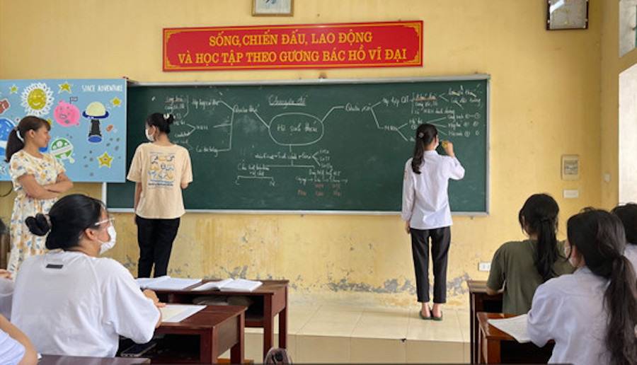 Cô Phạm Thị Thu Hà hệ thống lại kiến thức môn Sinh học bằng phương pháp sơ đồ tư duy tại lớp 12A2.