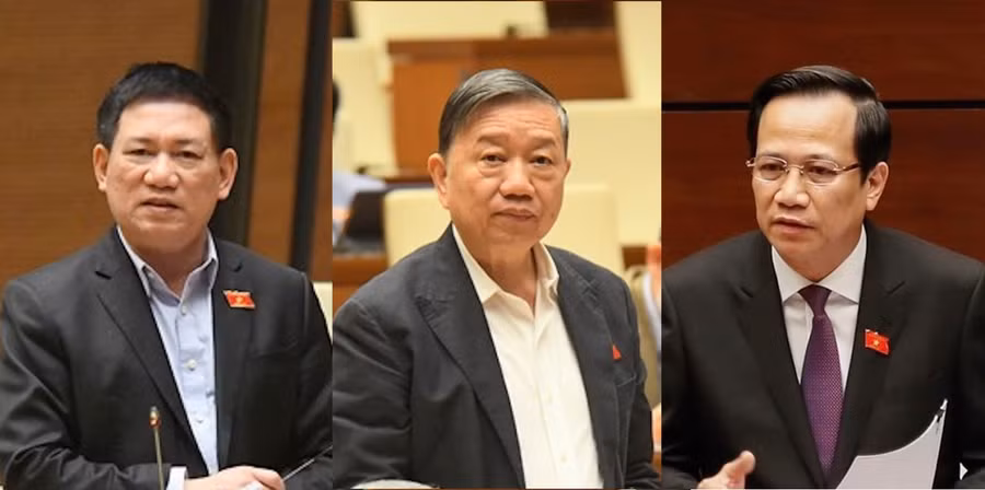 Từ phải qua trái: Bộ trưởng Bộ Lao động Thương binh và Xã hội Đào Ngọc Dung, Bộ trưởng Bộ Công an Tô Lâm, Bộ trưởng Bộ trưởng Bộ Tài chính Hồ Đức Phớc 