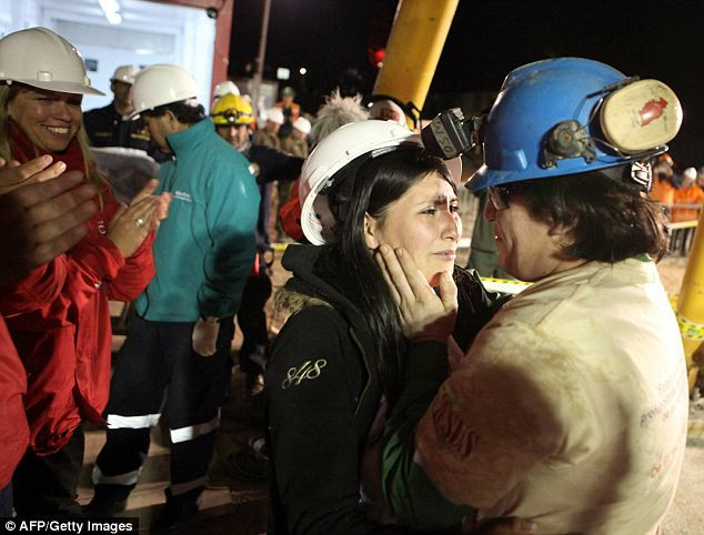 Chilean miner Osman Araya (R) is welcomed by his wife Angelica as he comes out of the Fenix capsule after been brought to the surface Read more: http://www.dailymail.co.uk/news/article-1320045/CHILEAN-MINERS-RESCUE-Back-dead-69-days-trapped-underground.html#ixzz12HuiWV2L