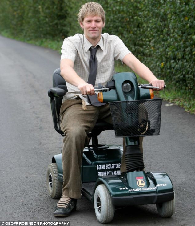 The petrol-powered super scooter, which is British racing green, can almost reach the national speed limit and keep up with cars on the motorway Read more: http://www.dailymail.co.uk/sciencetech/article-1320101/The-worlds-fastest-mobility-scooter-Plumber-converts-vehicle-hit-69mph.html#ixzz127IcKMbo