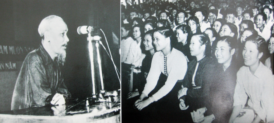 Bác Hồ nói chuyện với lớp học chính trị của trên 800 giáo viên tình nguyện đi dạy các trường miền núi (Hà Nội, ngày 22/9/1959). Ảnh tư liệu