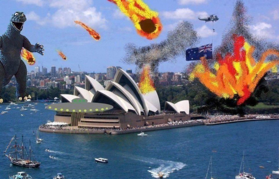 Under attack: This illustration of Australia’s Sydney Harbour under attack from flaming balls of fire and a dinosaur as well as aliens was posted with the caption ’This was not photoshopped’ Read more: http://www.dailymail.co.uk/news/article-2251450/End-13th-Baktun-Phew-survived-Mayan-Apocalypse-And-virals-begun-.html#ixzz2FjzkuP3E Follow us: @MailOnline on Twitter | DailyMail on Facebook