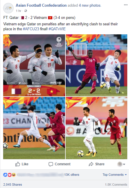 Chiến thắng của U23 Việt Nam làm dậy sóng trang Facebook của AFC Chiến thắng của U23 Việt Nam làm dậy sóng trang Facebook của AFC