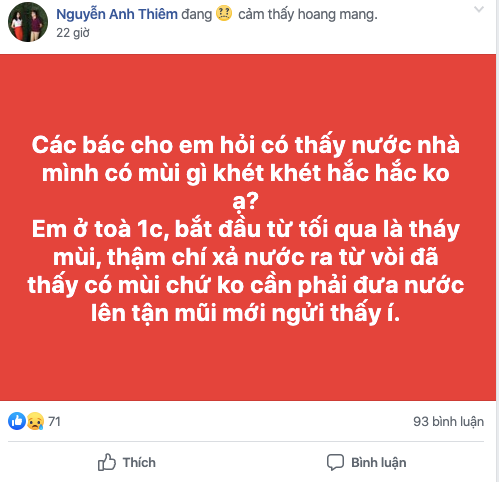 Trên page công đồng cư dân HH Linh Đàm rất nhiều người đã up lên những dòng thông tin về mùi lạ của nguồn nước.