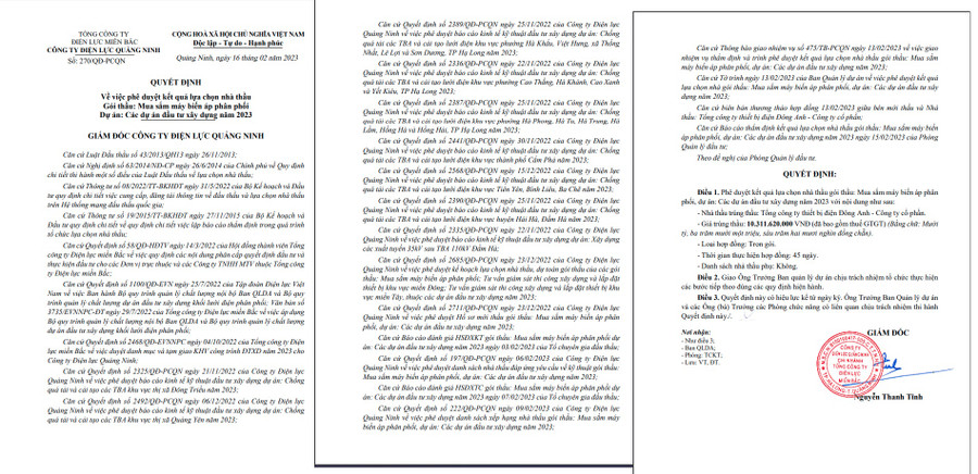 Quyết định phê duyệt gói thầu của Giám đốc Công ty Điện lực Quảng Ninh. Quyết định phê duyệt gói thầu của Giám đốc Công ty Điện lực Quảng Ninh.