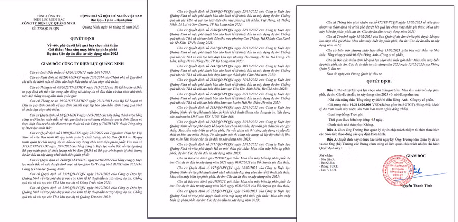Quyết định phê duyệt gói thầu của Giám đốc Công ty Điện lực Quảng Ninh.