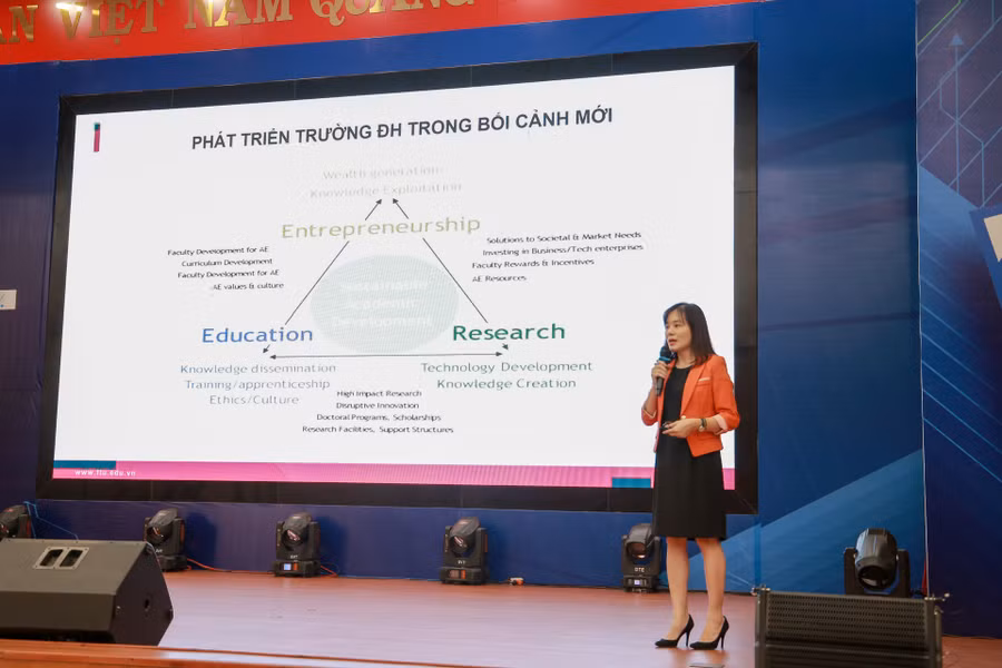 PGS.TS. Lê Thị Thu Hà, Giám đốc Trung tâm Ươm tạo và sáng tạo Đại học Ngoại thương, Chủ tịch Mạng lưới VNEI trình bày Báo cáo tổng kết hoạt động năm 2022 và định hướng, mục tiêu triển khai hoạt động năm 2023 của VNEI tại diễn đàn.