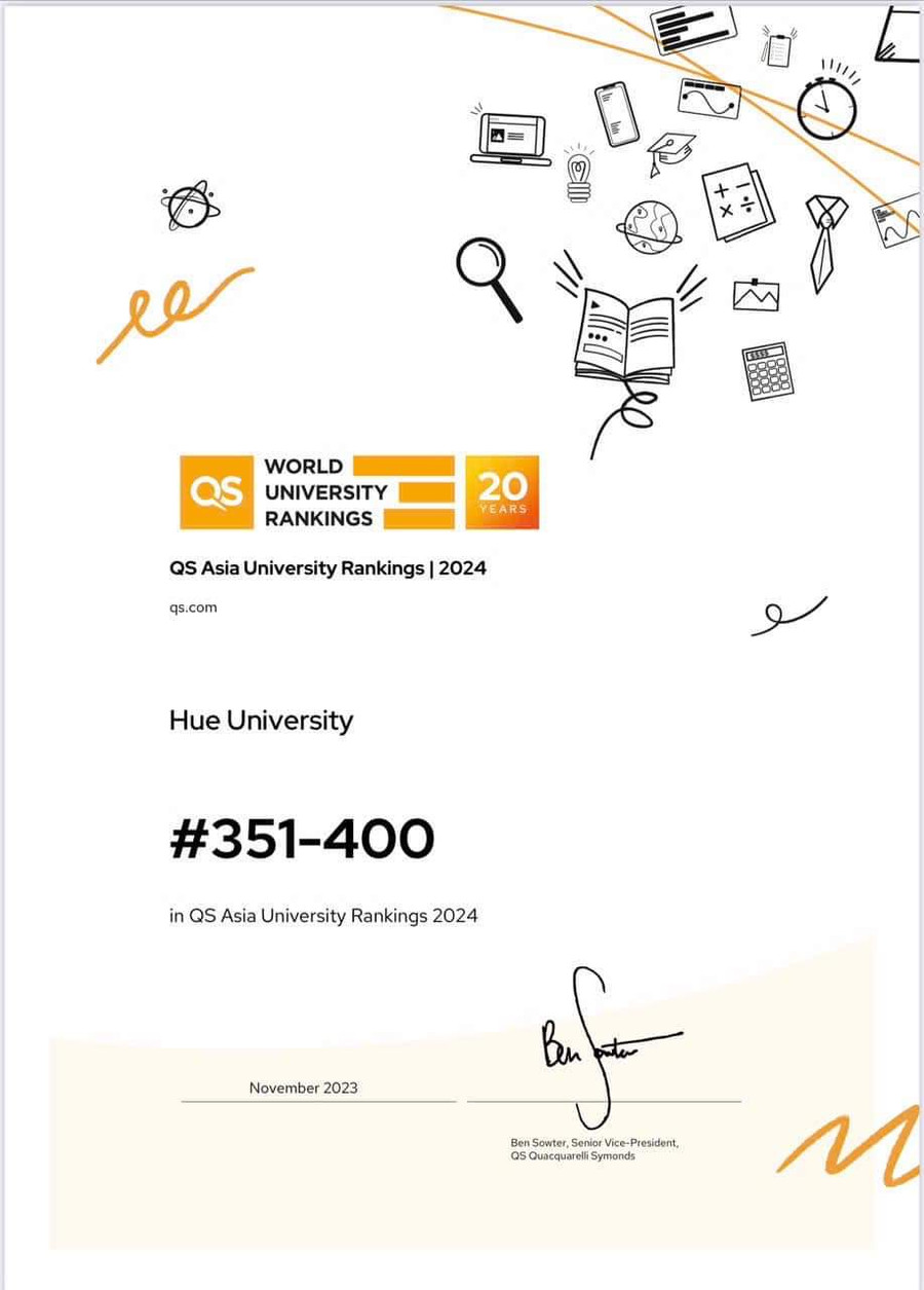 Đại học Huế xếp hạng 351-400 - "nửa trên" trong 856 cơ sở giáo dục đại học châu Á theo xếp hạng đại học châu Á 2024 của Tổ chức Quacquarelli Symonds vừa công bố. Đại học Huế xếp hạng 351-400 - "nửa trên" trong 856 cơ sở giáo dục đại học châu Á theo xếp hạng đại học châu Á 2024 của Tổ chức Quacquarelli Symonds vừa công bố.