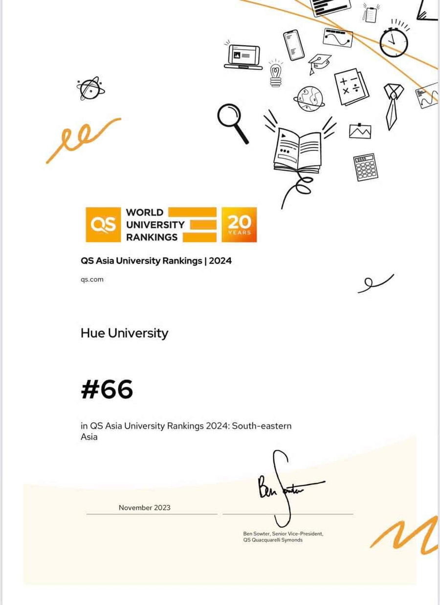 Tại khu vực Đông Nam Á, Đại học Huế giữ vị trí 66 trên tổng số 148 cơ sở giáo dục đại học. (Ảnh: ĐHH) Tại khu vực Đông Nam Á, Đại học Huế giữ vị trí 66 trên tổng số 148 cơ sở giáo dục đại học. (Ảnh: ĐHH)