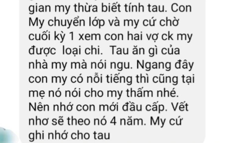 Một đoạn tin nhắn của cô C.T.X gửi cho chị N.T.N.M đe dọa trù dập việc học tập con chị M