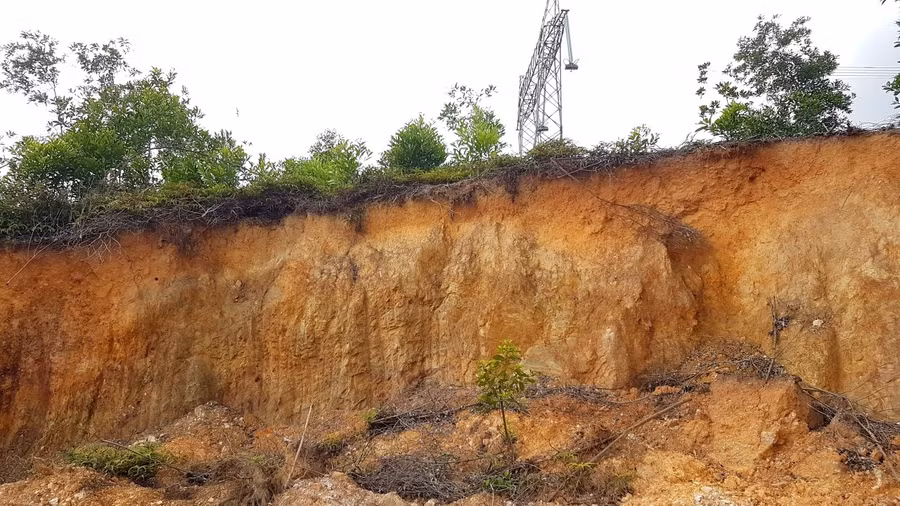 Một trụ điện thuộc đường dây 500 kV bị uy hiếp khi quả đồi bị nạo dần gần đến chân.