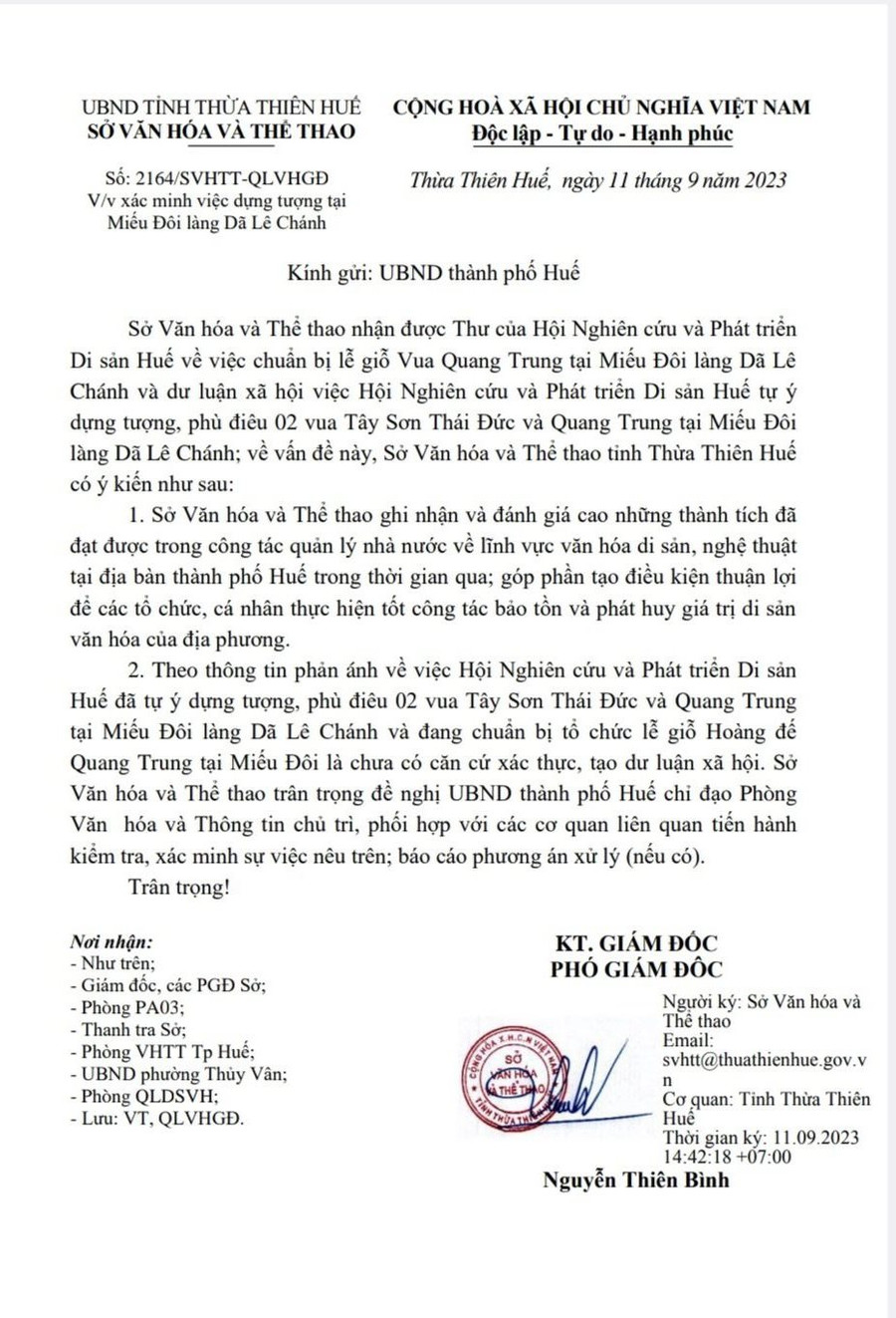 Văn bản của Sở Văn hóa & Thể thao tỉnh Thừa Thiên - Huế gửi UBND TP Huế đề nghị kiểm tra, xác minh sự việc Hội NCPTDS văn hóa Huế đã tự ý dựng tượng, phù điêu 2 vua Thái Đức và Quang Trung tại Miếu Đôi và đang chuẩn bị tổ chức lễ giỗ vua Quang Trung (Ảnh: Đại Dương). Văn bản của Sở Văn hóa & Thể thao tỉnh Thừa Thiên - Huế gửi UBND TP Huế đề nghị kiểm tra, xác minh sự việc Hội NCPTDS văn hóa Huế đã tự ý dựng tượng, phù điêu 2 vua Thái Đức và Quang Trung tại Miếu Đôi và đang chuẩn bị tổ chức lễ giỗ vua Quang Trung (Ảnh: Đại Dương).