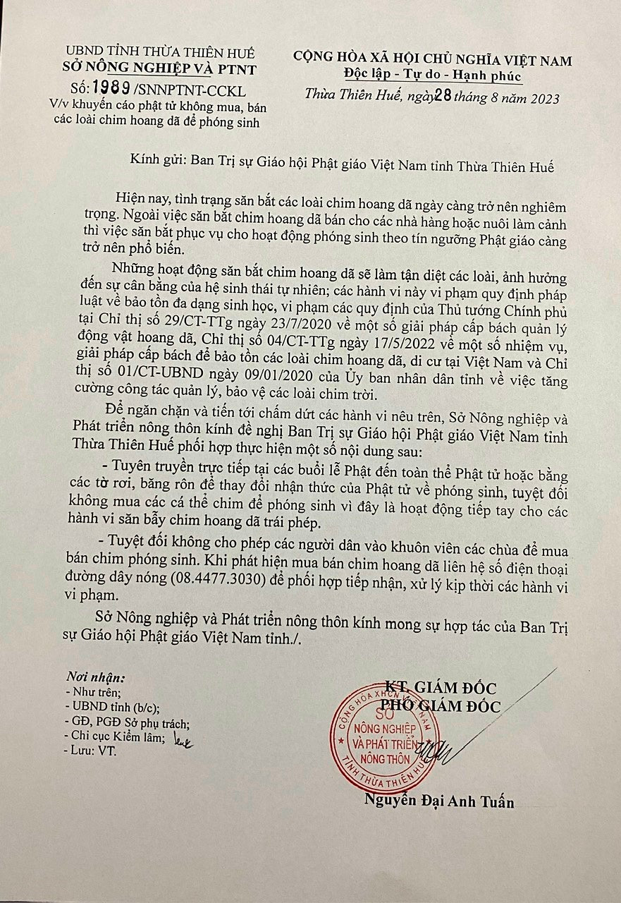 Văn bản của Sở NN&amp;PTNT tỉnh Thừa Thiên - Huế khuyến cáo Phật tử không mua, bán các loài chim hoang dã để phóng sinh. (Ảnh: Đại Dương)