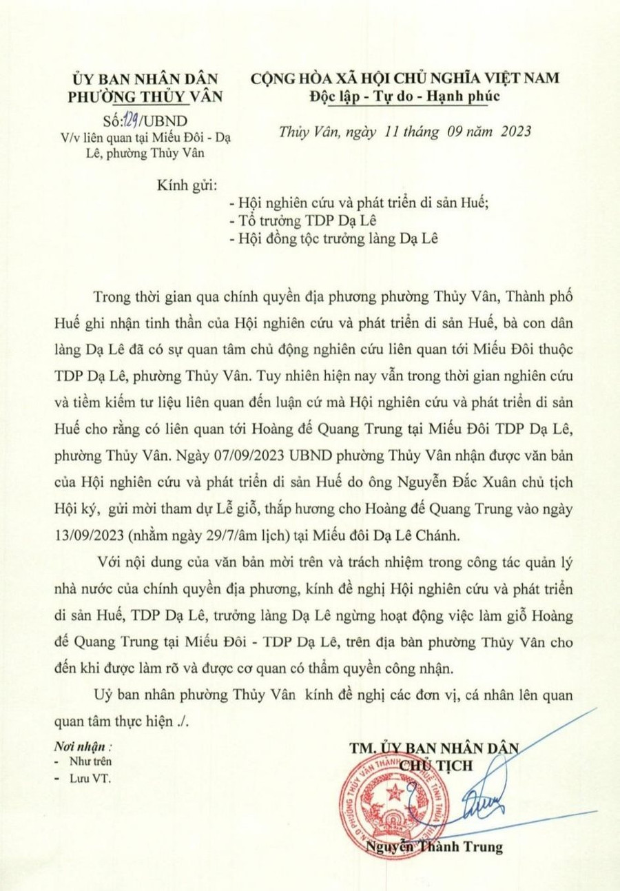 Văn bản của UBND phường Thủy Vân, TP Huế yêu cầu dừng lễ giỗ vua Quang Trung tại Miếu Đôi (Ảnh: Đại Dương). Văn bản của UBND phường Thủy Vân, TP Huế yêu cầu dừng lễ giỗ vua Quang Trung tại Miếu Đôi (Ảnh: Đại Dương).