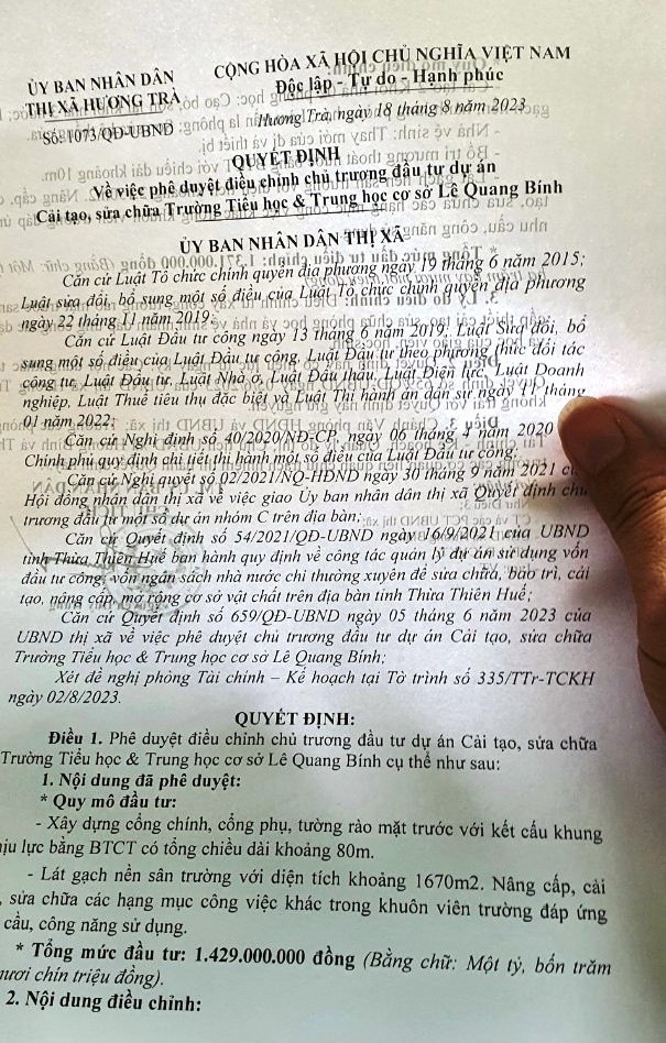 Quyết định phê duyệt điều chỉnh chủ trương đầu tư Trường Tiểu học & Trung học cơ sở Lê Quang Bính mới ban hành ngày 18/8/2023.