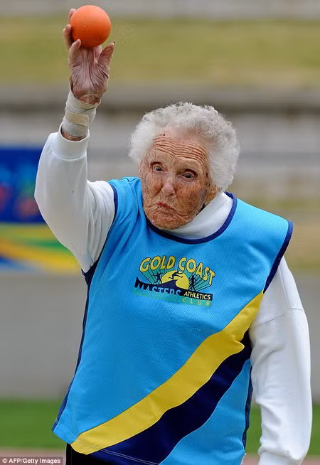 Ruth Frith launches her winning throw at the World Masters Games which saw a record 28,292 competititors from 95 countries ranging in age from 24 to 101 compete