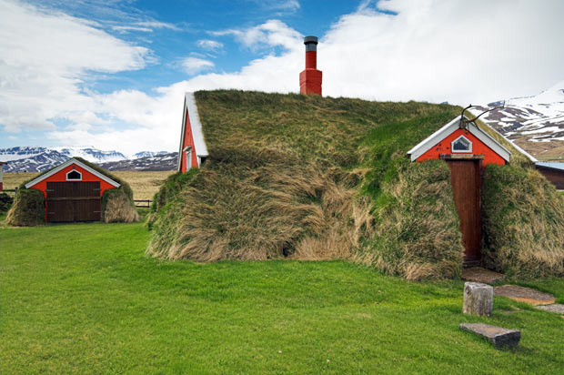 Turf house in Bakkagerdi, north east Iceland, This is a traditonal style of house building in Iceland, offering superb insulation from the harsh environment.