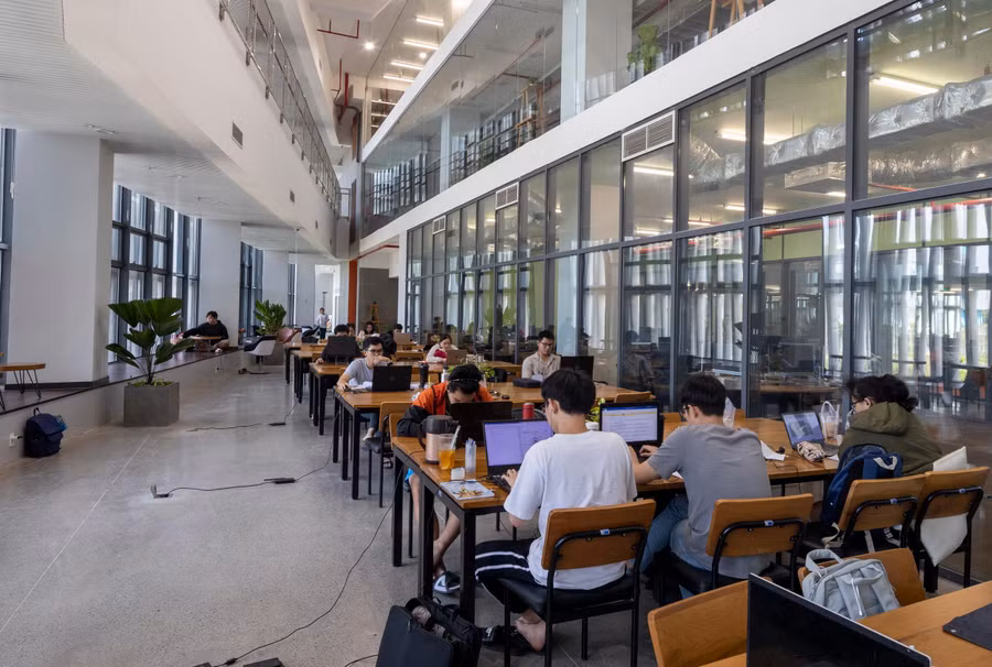 Sinh viên Trường ĐH Việt Đức học tập trong thư viện.