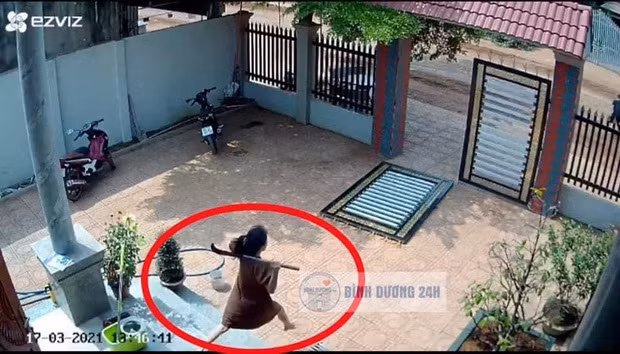 Hình ảnh chị Quỳnh cầm rựa ra "giải vây" cho chồng khiến mạng xã hội xôn xao.