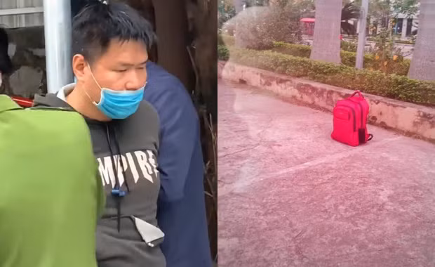 Trần Quang Minh cùng chiếc ba lô đối tượng mang theo để phục vụ mục đích cướp ngân hàng.