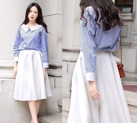 Cach mix ao so mi dai tay voi chan vay dep - Anh 5