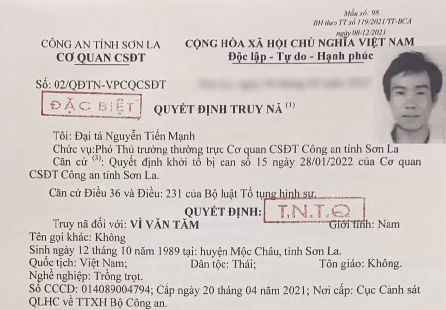 Quyết định truy nã Vì Văn Tăm.