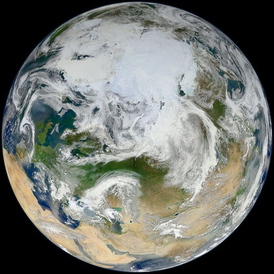 This image captured by the newly launched Suomi satellite shows the northern hemisphere of the Earth. The satellite circled the Earth 15 times to capture the visual data used for the picture. Although the bright swirl of Arctic ice dominates the top of the globe, looking a bit farther south, and toward the left side of the frame, you can see the green of Britain peeking between clouds. But it’s the vast, dry reaches of Asia, Saudi Arabia and the Sahara that dominate the rest of the image.