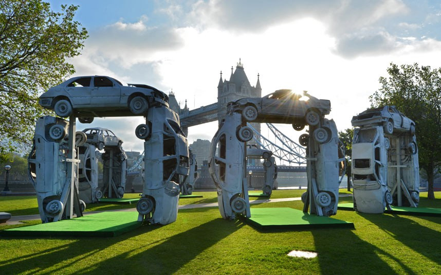 Citihenge, a recreation of Stonehenge made entirely from car parts, is unveiled today on London’s Southbank by Skoda to launch their new Citigo model