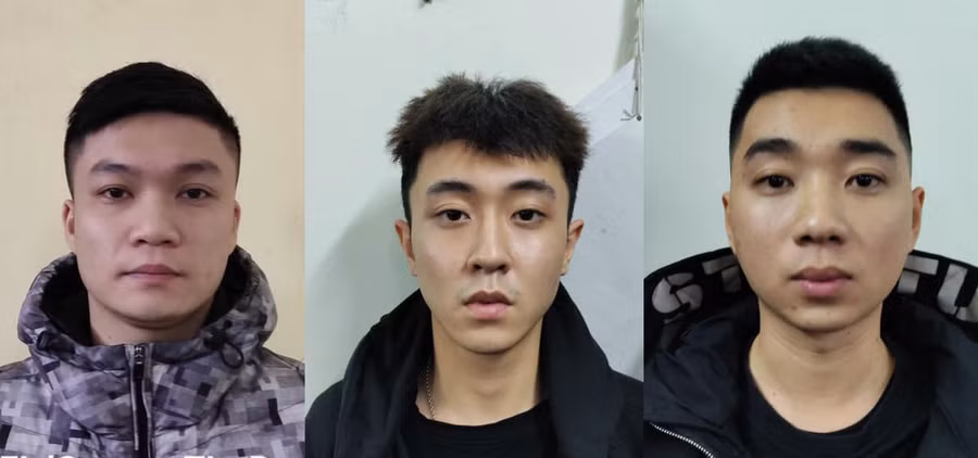 Các đối tượng (từ trái qua phải): Nguyễn Việt Anh, Nguyễn Hoàng Hải và Nguyễn Tuấn Hiệp. Ảnh: Công an Hà Nội